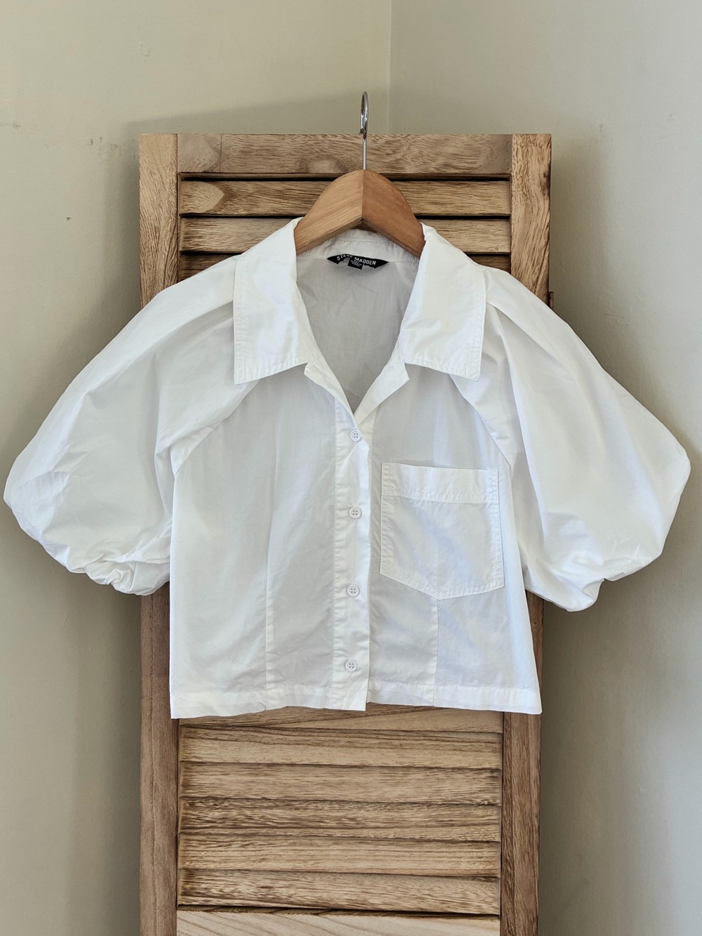 Steve Madden White Cotton Puff Sleeve Cropped Button Down Shirt M